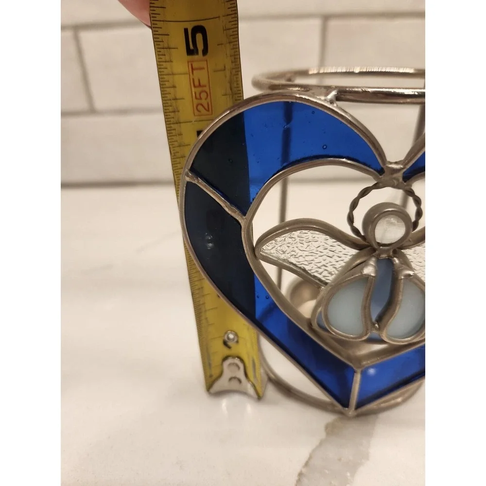 Vintage Stained Glass Tealight Holder Blue Candle Holder Angel Christmas Design‎